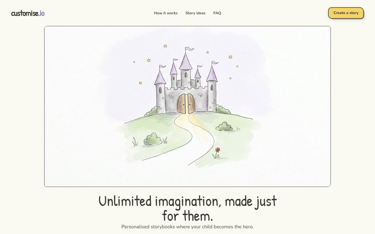 The customise.io homepage: a hand-drawn castle above the headline Unlimited imagination, made just for them.