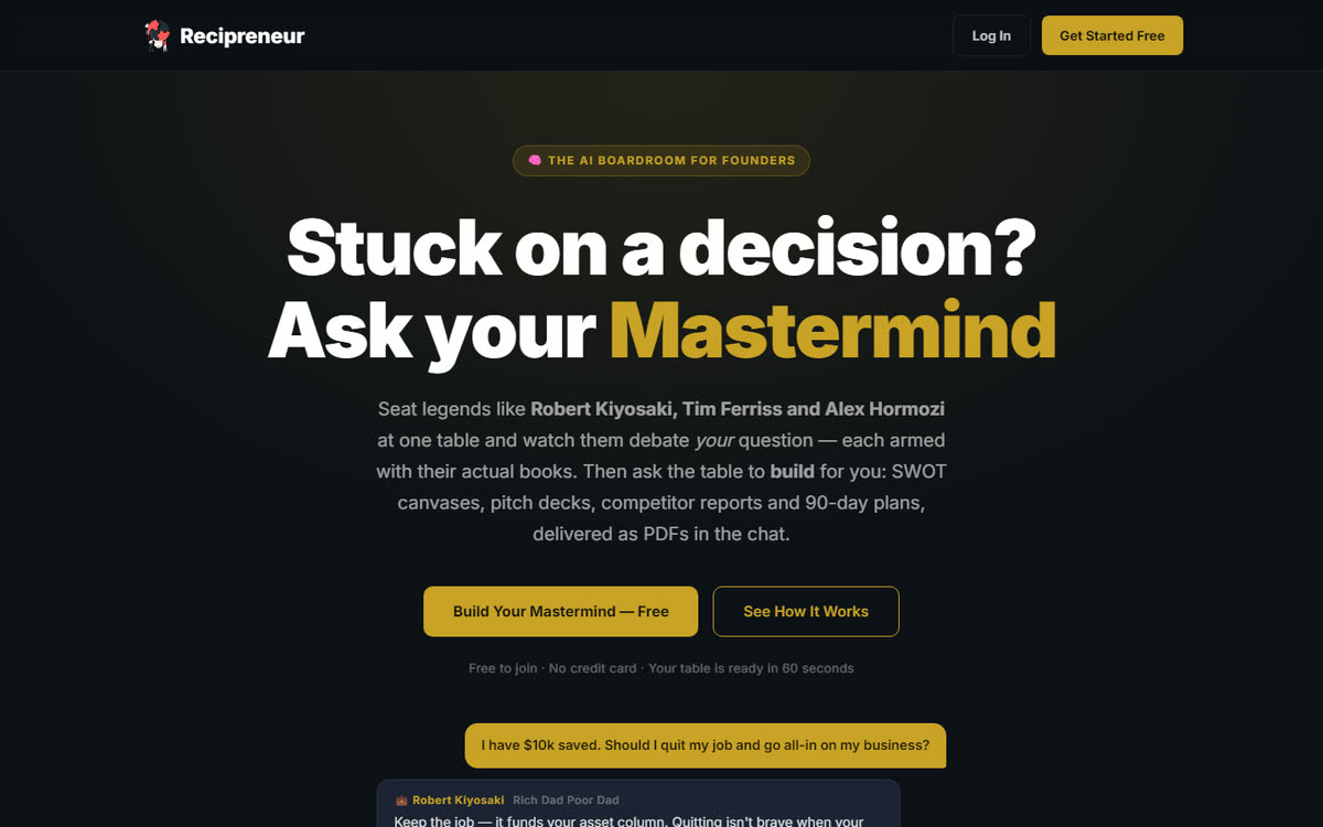 The Recipreneur homepage: the headline Stuck on a decision? Ask your Mastermind, over a dark boardroom interface.