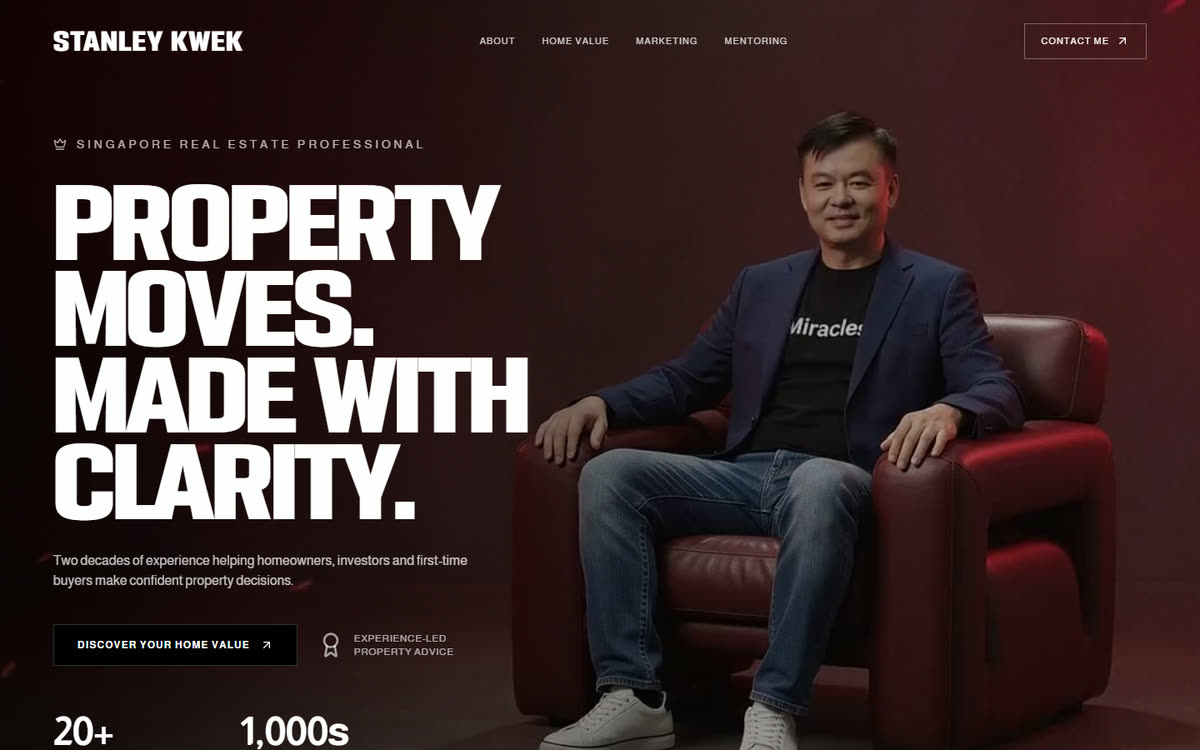 The Stanley Kwek site: the headline Property moves. Made with clarity. beside a portrait in a red leather armchair.